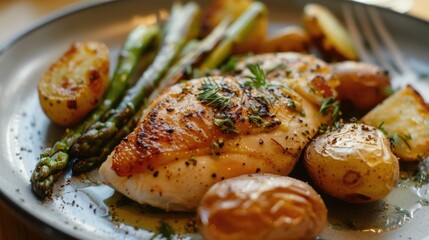 Grilled chicken breast with asparagus and roasted potatoes on rustic plate.