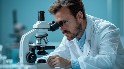 Lab technician in medical white coat, head pressed against eye pieces of a microscope
