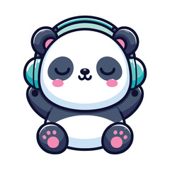 Cute panda listening to music with headphone vector cartoon illustration