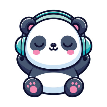 Cute panda listening to music with headphone vector cartoon illustration