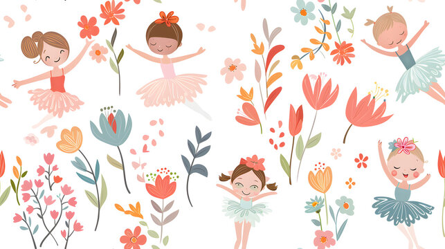 whimsical seamless pattern featuring adorable ballerinas in tutus dancing among a variety of colorful flowers children's apparel nursery decor or crafting projects that require a touch of magic and jo