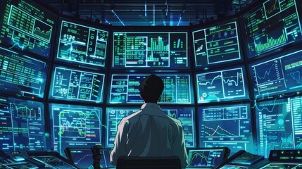 Obraz premium A businessman works surrounded by digital screens of financial data, emphasizing finance and technology