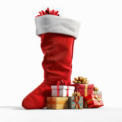 Red gift stocking with wrapped gifts. White background. Christmas. Christmas theme