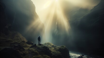 Osoba stojąca na skale w jaskini, oświetlona przez światło wpadające z wejścia do groty