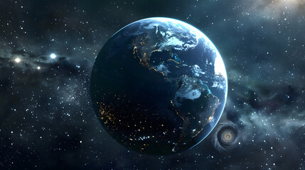 Obraz premium Earth as viewed from space, illuminated by city lights against the vast, starry backdrop of the cosmos, emphasizing our planet's fragile beauty and isolation in the universe.