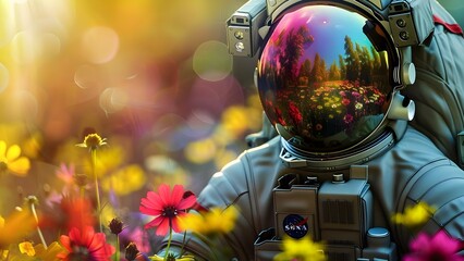 Fototapeta premium Astronaut in reflective helmet surrounded by blurred flowers in daylight. Concept Astronaut, Reflective Helmet, Flowers, Daylight, Blurred Background