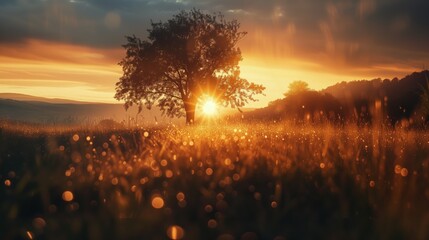 Drzewo rosnące na środku rozległego pola, oświetlone ciepłym światłem zachodzącego słońca. W tle widać piękne niebo w różnych odcieniach pomarańczy i różu - obrazy, fototapety, plakaty