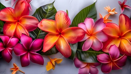 Tropical flowers and leaves arranged in a garland on a white background. Concept Floral Garland, Tropical Theme, White Background, Nature-inspired, Exotic Decoration