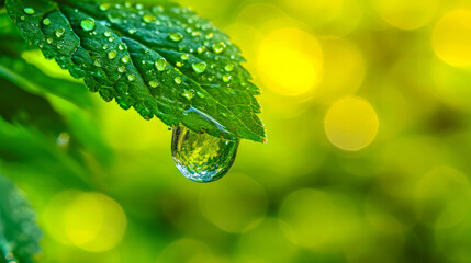 A single raindrop clings to a leaf, reflecting the world around it