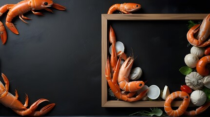 Seafood frame on the black stone background.generative.ai