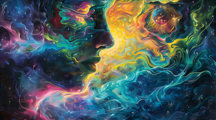 Woman meditates in cosmic colors finding peace .Generative AI
 