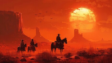 A red western landscape with cowboys on horseback, in a digital art style,