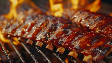Closeup of sizzling pork ribs on a flaming grill. Concept Barbecue, Ribs, Grilling, Food Photography, Closeup Shot