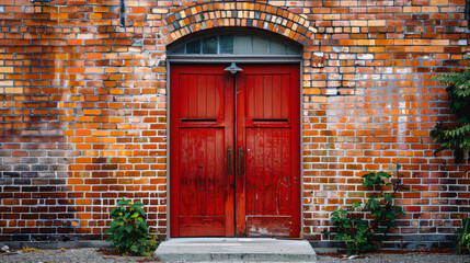 View of brick building with red wooden door