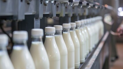 Automated dairy production line with bottled milk. Industrial photography. World Milk Day