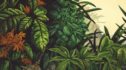 Na obrazie przedstawione są szczegółowe ilustracje roślin tropikalnych i kwiatów. Obrazy są bardzo realistyczne, ukazując detale liści, kwiatów i pąków - obrazy, fototapety, plakaty