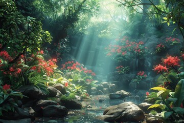 Fototapeta premium Vibrant paleoart jungle illustration showcasing diverse wildlife and lush vegetation in an art nouveau style.