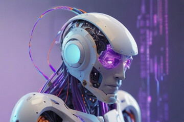 Humanoid robot I.A. With wires in the brain, working on the realistic hologram, white, orange and purple colors mixed in the real high-definition photo background