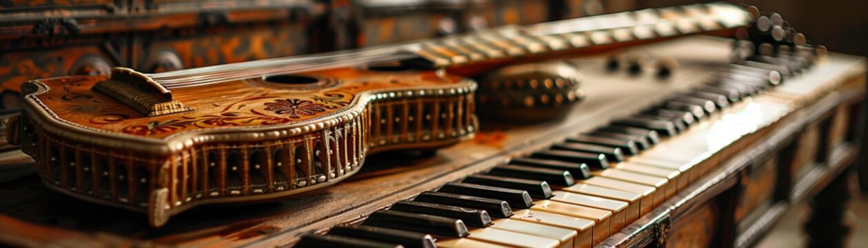 Indian Classical Set Depict a sitar, tabla, and harmonium, reflecting the melodious and rhythmic complexity of Indian classical music
