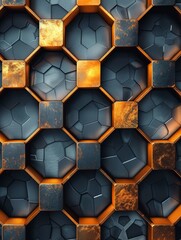 Futuristic 3D Geometric Shapes with Illuminated Gold, Brown, Grey, and Black Hexagons | 4K HD Wallpaper