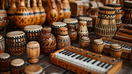 Musical Instruments Creating a Harmonic Symphony Create an image where traditional musical instruments from various cultures are set up as if in a concert