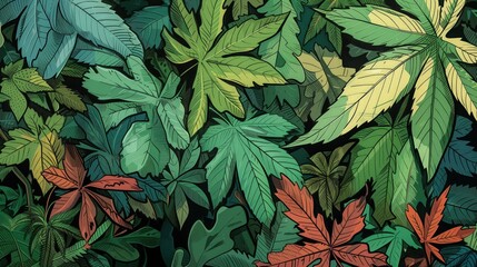 Wyraźne zdjęcie zbioru liści rozrzuconych po ziemi. Liście różnych kolorów i kształtów ułożone na podłożu przyrody