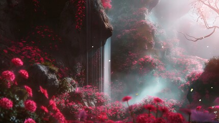 Obraz przedstawia wodospad otoczony różowymi kwiatami. Woda opada tworząc biały pianowy strumień, a kwiaty dodają delikatnego różu do pejzażu - obrazy, fototapety, plakaty