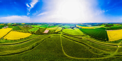 Aerial 360 VR shot of Figsbury Rings. Iron age hill fort near Salisbury