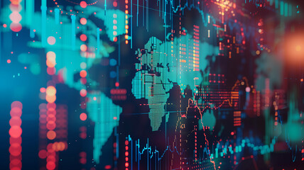 Double exposure of a detailed world map superimposed over a vibrant stock market screen, symbolizing global finance and connectivity