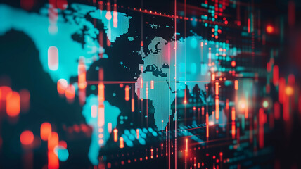 Fototapeta premium Sophisticated image of a world map blending into a digital stock market display, highlighting global trade and economic dynamics