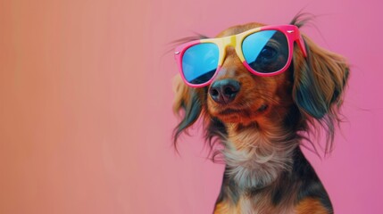 A dog wearing sunglasses on a pink background.