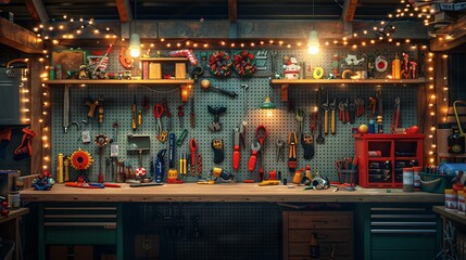 The Festive Workbench A surreal workbench adorned with holiday lights and decorations, with tools and holiday items neatly arranged, symbolizing the festive organization and productivity