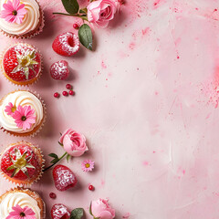 Festive Mother's Day setting with cupcakes adorned with pink frosting and fresh berries, complemented by floral decorations, ideal for culinary and lifestyle magazines