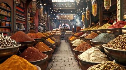 The Virtual Spice Bazaar A surreal bazaar where digital screens showcase spices and herbs, alongside traditional spice stalls, symbolizing the digitization of traditional market goods