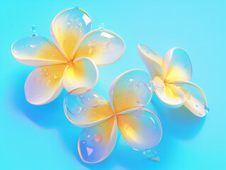3D rendering, three white and yellow flowers are placed together, and the petals are crystal clear.
