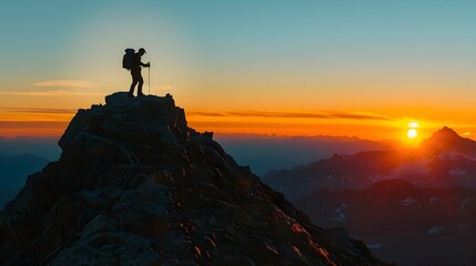 Conquering the Summit Silhouetted Hiker Overlooking Breathtaking Mountain Landscape at Sunset