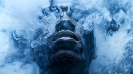 A powerful illustration of a man's face enveloped in ethereal blue smoke, creating a mystical and intense visual experience