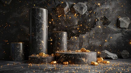 A black podium with gold nuggets in front of a black rock wall