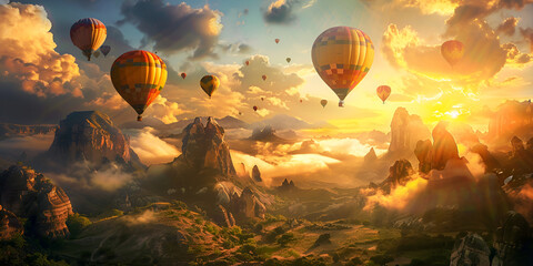 Hot air balloons flying above the mountains in historical genre style with cloud background