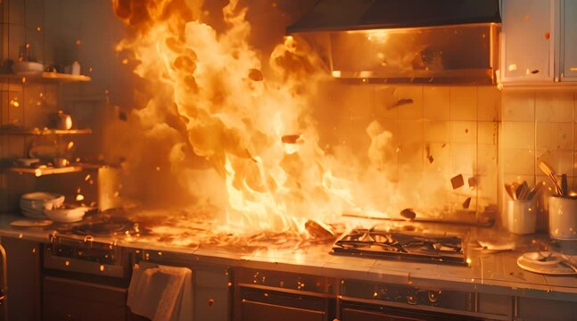 A dramatic kitchen fire, with flames engulfing the space and smoke billowing, highlighting the dangers of fire hazards in a domestic setting