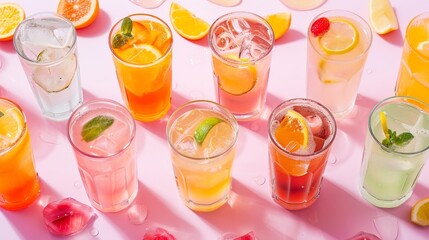 A row of colorful drinks with straws in them