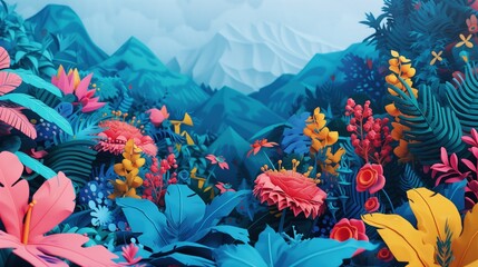 Obraz przedstawia kwiaty i rośliny w otoczeniu gór w tle. Dzięki technice graffiti autor stworzył realistyczne dzieło sztuki