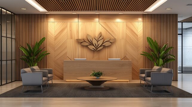Elegant wooden lobby and waiting area with wall space for company logo - Ideal for corporate branding mockup