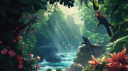 Obraz przedstawia gęstą dżunglę z wieloma kolorowymi ptakami i różnorodnymi kwiatami. Cała scena emanuje energią i życiem