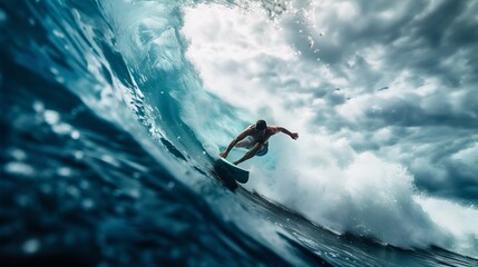 Surfer carving a path through a towering wave. Generative ai