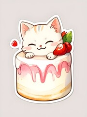 White Cat Cake Sticker Watercolor Art