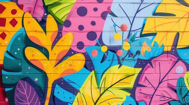 Mural przedstawiający motywy przyrody, namalowany w charakterystycznym stylu graffiti, włączając w to logo cbf. Jest to dzieło sztuki o dużej intensywności kolor&oacute;w, kt&oacute;re zdobi ścianę budynku