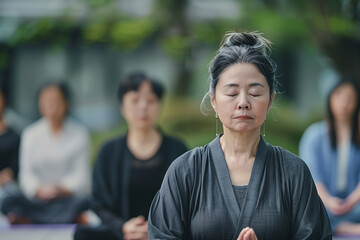 マインドフルネス瞑想者： マインドフルネス瞑想をしているアジア人。人々の表情は集中しており、今この瞬間を意識していることが伝わってくる。