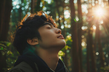 森の中で深呼吸する人：森の中で深呼吸する人。その表情は穏やかで、自然と一体化しているような雰囲気を醸し出している。