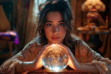 水晶玉を見つめる占い師： 薄暗い部屋で水晶玉を見つめる占い師。占い師の顔に神秘的な表情が浮かぶ。